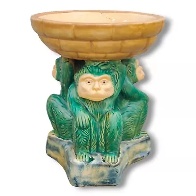 Vintage Majolica 11  Ceramic 3 Monkey Holding Bowl Trinket Dish Chinoiserie • $199.99