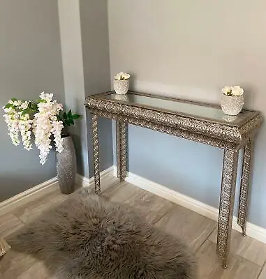 £119.95 • Buy Silver Moroccan Embossed Metal Glass Console Side Hall Table (gz420)