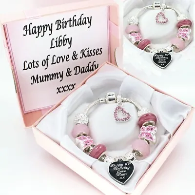 ENGRAVED Pink Bracelet PERSONALISED BOX Girls Birthday Jewellery Gifts FREEPOST • £14.95