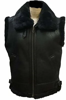 Men's RAF B3 Winter Flight Aviator Fur Shearling Sheepskin Black Leather Vest • $99.99