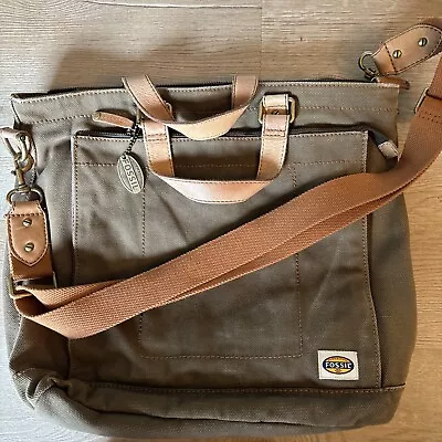 Fossil Large Khaki Mens Canvas Briefcase Work Bag Leather Trim Messenger Sturdy • $37.49