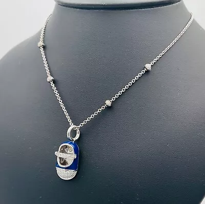 Aaron Basha 18K White Gold Blue Enamel Diamond Shoe Pendant Necklace 16.5” Long • $2650