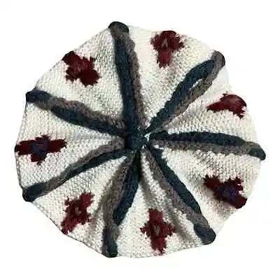 ICELANDIC DESIGN 100% Wool Knit Beret Multicolored Knit Details On Cream Body • $35