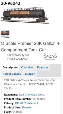 MTH Premier 20-96042 20k Gallon 4 Compartment Tank Car Sun Chemicals Corp. • $50