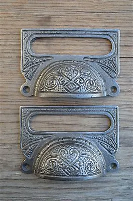 A Pair Of Large Edwardian Cast Iron Label Frame Handle Filing Drawer Pull Cb10 • £11.29