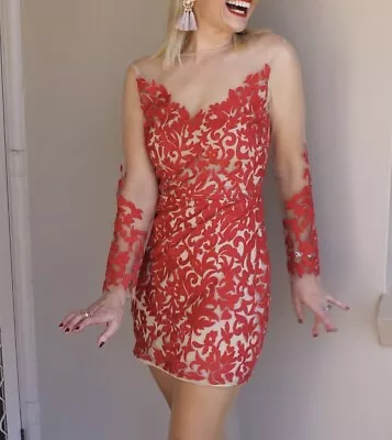 $82.16 • Buy Bebe Red Lace And Sheer Short Formal Dress Size 8 Long Sheer Sleeve With Lace