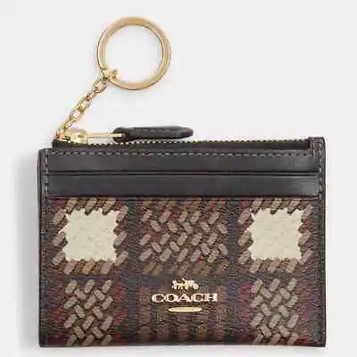 Coach NEW Skinny ID Card Case ~ Brushed Plaid Brown & Gold PVC Mini Wallet CN018 • $102.69