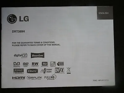 LG Owner`s Manual Guide Book For LG DRT389H Digital TV DVD Recorder+freeview • £8.99