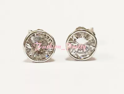 925 Sterling Silver Round Cut Cubic Zirconia Full Edged Bezel Set Stud Earrings • $9.21