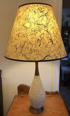 Vintage Danish MID CENTURY Modern Textured Flower Plaster Teak Wood LAMP W/Shade • $105