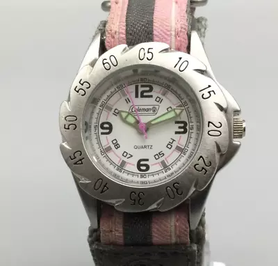 Coleman Watch Women Silver Tone 33mm Saw Blade Bezel Pink Gray Band New Battery • $18.74