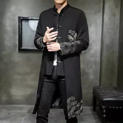 Mens Chinese Style Tops Coat Linen Embroidery Casual Long Gown Chinese Clothing • $51.15