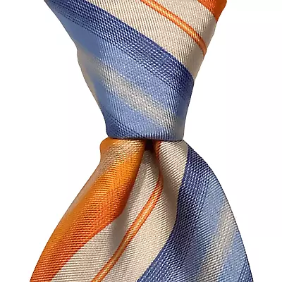 CAVELLINI ITALY Mens 100% Silk XL Necktie Designer STRIPED Orange/Blue/White EUC • $15.99