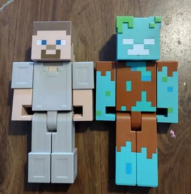 Lot Of 2 Minecraft Figures.  8.5-in Steve And A 9 Inch Drowned Zombie. • $15.99