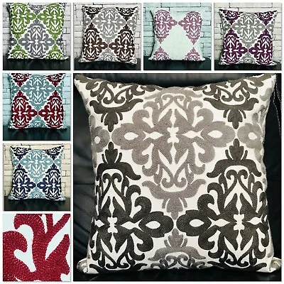 Cushion Cover Or Filled Cushion Large DAMASK Embroidered Geometric Cotton Grey • £7.50