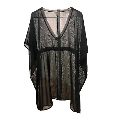 Echo 1 Size Black Sheer Chiffon Swim Cover Up With Draw String Waist Raw V Neck • $7.99