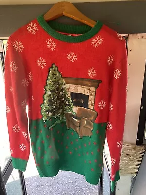 Ugly Christmas Sweater - Men's Small - Sofa & Tree Design - Green/Red Snowflakes • $30