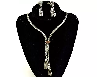 Vtg MONET Silver Tone Lariat SLIDE Necklace & Tassel Earrings Set Bolo Signed • $60