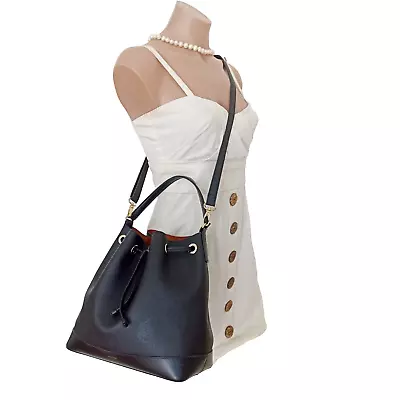 Oroton Black Genuine Leather Structured Bucket Tote Bag With Long Shoulder Strap • $82