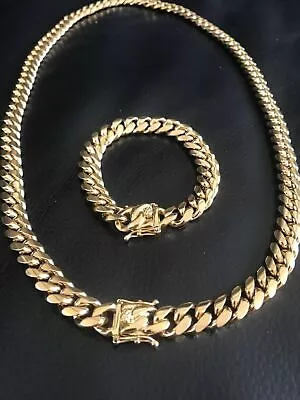 Men's Miami Cuban Link Bracelet&Chain Combo Set 14K Gold Plated Stainless Steel • $47.42