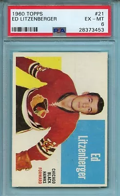 1960-61  Topps Hockey #21 Ed Litzenberger  -  Psa 6  Exmt  Blackhawks  (sloth55) • $45.95
