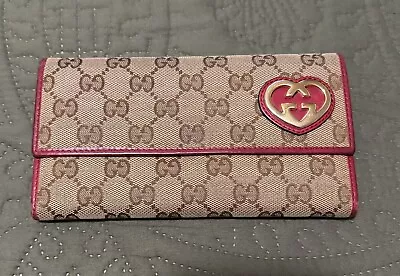 GUCCI GG Canvas Leather Heart Long Wallet Italy Beige/Pink - Pre-Owned • $80