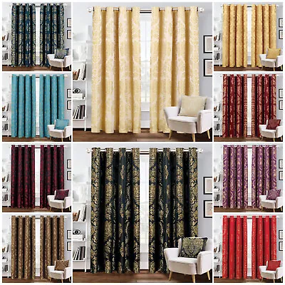 £15.49 • Buy Fully Lined Jacquard Curtains Eyelet Ring Top Luxury Bedroom Curtain + Tie Backs