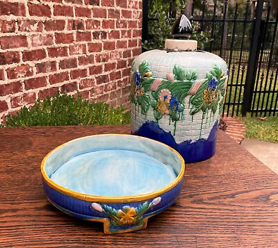 $349 • Buy Vintage Majolica Cheese Bell Dome Dish Platter 2 PC Lidded Keeper 
