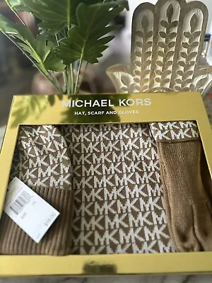 NWT Authentic Michael Kors Knit 3 Pieces  Set Hat Scarf Gloves Dark Camel $98 • $55.95