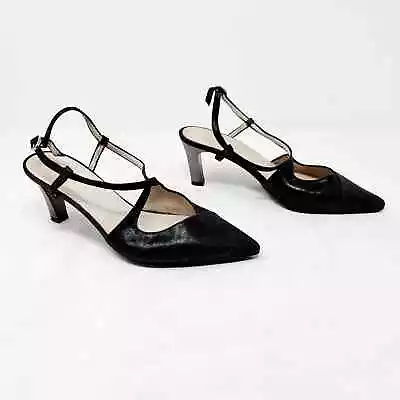 Hispanitas Size 39 US 8.5 Black Shimmer Criss Cross Pointed Toe Slingback Heels • $48.97