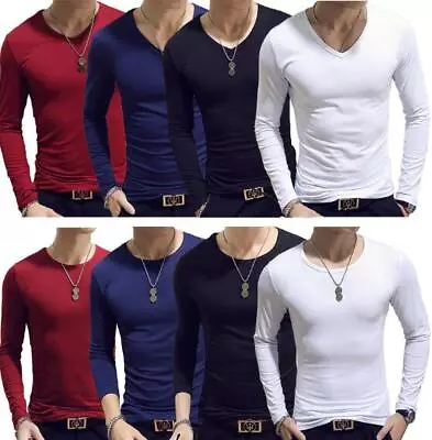 Mens Casual Long Sleeve T-shirt Solid Color V Neck Soft Tops Thermal Undershirt • $11.66