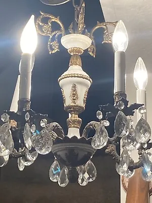 Vintage Porcelain Brass Crystal Prisms Chandelier 5 Light 16” • $295