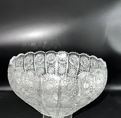 Antique BOHEMIAN CZECH QUEENS LACE Cut Glass Crystal  Bowl  9inches • $125