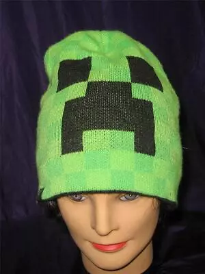 Grn/Blk Minecraft Creeper Face Lined Knit Beanie By Jinx - Adult - 1 Size - VGC • $14.95