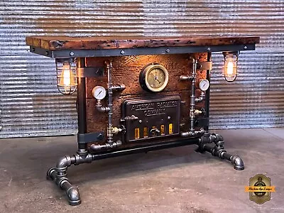 Steampunk Industrial Machine Age Lamp Console Boiler Door Pub Barn Wood Table • $4499.99