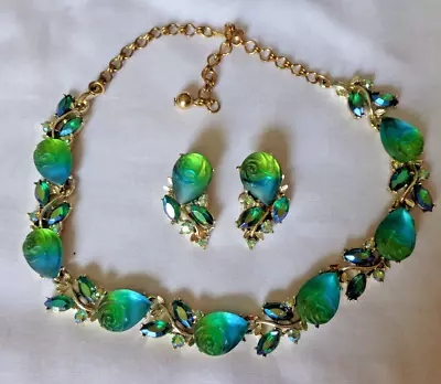 Vintage BSK Molded Rose Irridescent Green Rhinestone Necklace/Earrings • $95