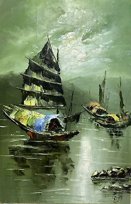 Vintage Original Chinese Junk Boat Oil Painting On Canvas Signed TAM 29.75  • $99