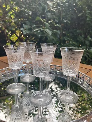 Vintage Set Of 5 Pall Mall Lady Hamilton Glasses Sherry /etched/cut • £40