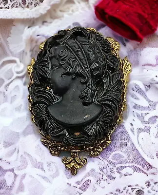 Black Cameo Brooch Victorian Gothic Style Steampunk Vintage Mourning Pin • $46.18