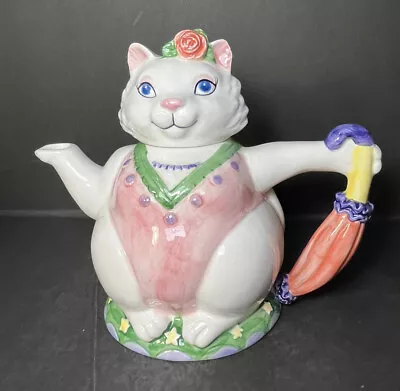 Vintage Otagiri Lady Cat Teapot LID Mary Ann Baker Japan Painted Umbrella White  • $38