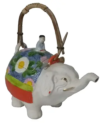 Vintage Ceramic Man Rider On White Elephant Teapot With Bamboo Handle • $19