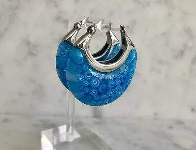 Blue Murano Style Basket 1.50  Hoop Earrings Flower Design Stainless Steel  • $12