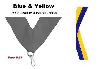 BLUE & YELLOW MEDAL RIBBONS LANYARDS WITH CLIP 22mm WOVEN PACKS OF 10/25/50/100 • £4.25