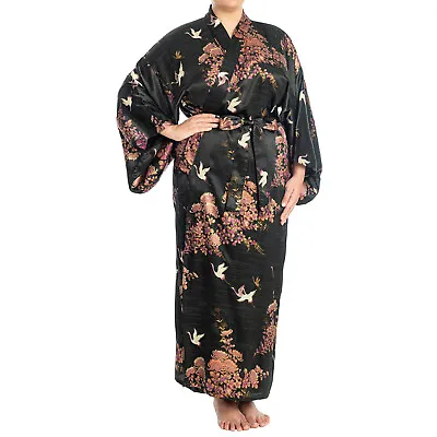 Silk Crane And Chrysanthemum Long Black Yukata XL • £199