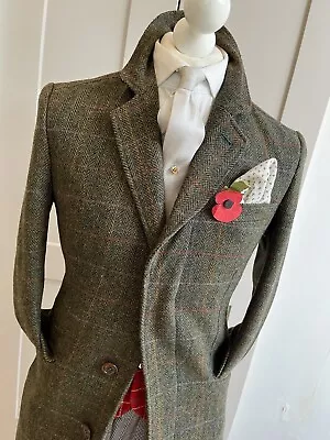 Mens Green Blue Orange Check Herringbone Tweed Covert Coat S 36 38 Wool Tartan • £39.99