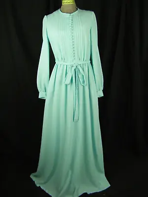 MISS ELLIETTE Vtg 70s Aqua Blue Buttons Crepe Hostess Dress-Bust 38/S • $19.98