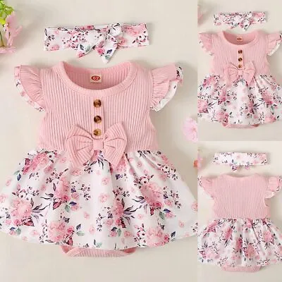 £9.89 • Buy Newborn Baby Girl Floral Ruffle Ribbed Jumpsuit Romper Headband Outfit Dress Set