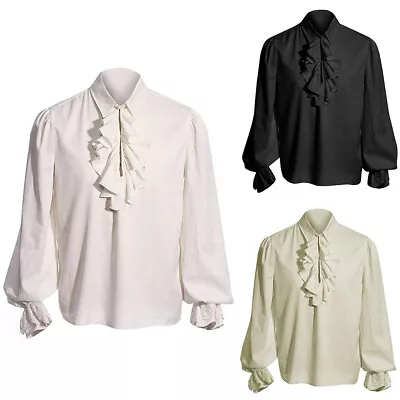 Mens Gothic Long Puff Sleeves Blouse Victorian Medieval Ruffle Collar Shirt Tops • £21.80
