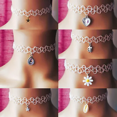 Tattoo Choker Stretch Necklace White Collar Charm Retro Vintage Elastic Gothic • £3.79