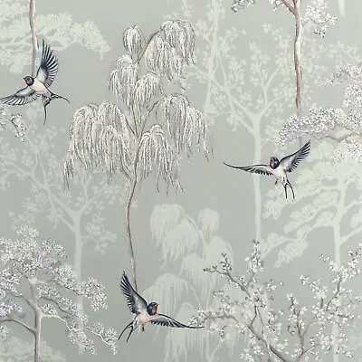 Japanese Garden Wallpaper Arthouse Birds Tress Floral Grey Lilac • £14.49